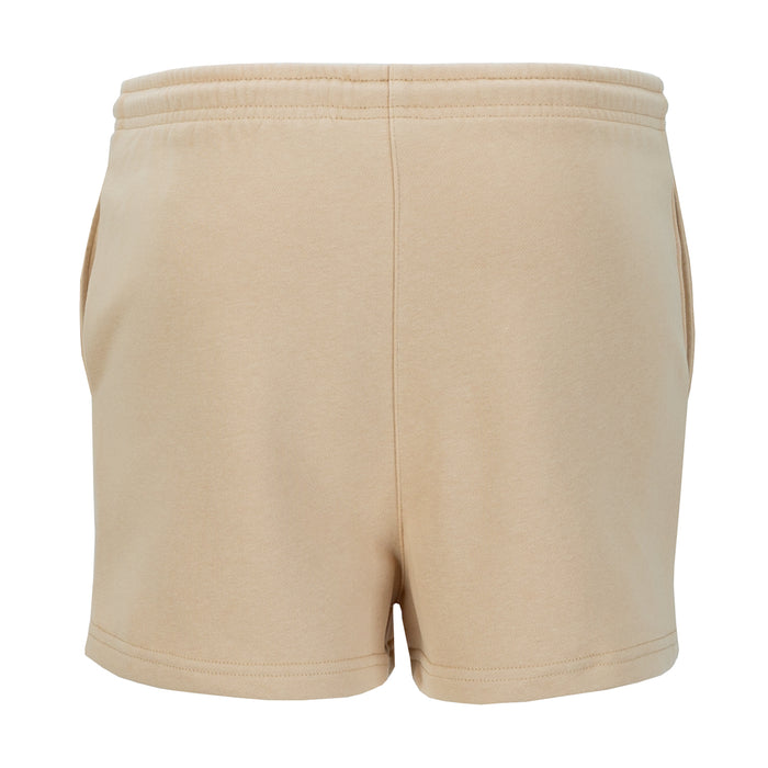 Women's beige French terry shorts, elastic waistband and relaxed fit