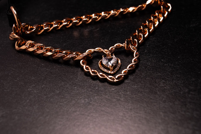 Black Leather Chained Heart Martingale Collar in Rose Gold