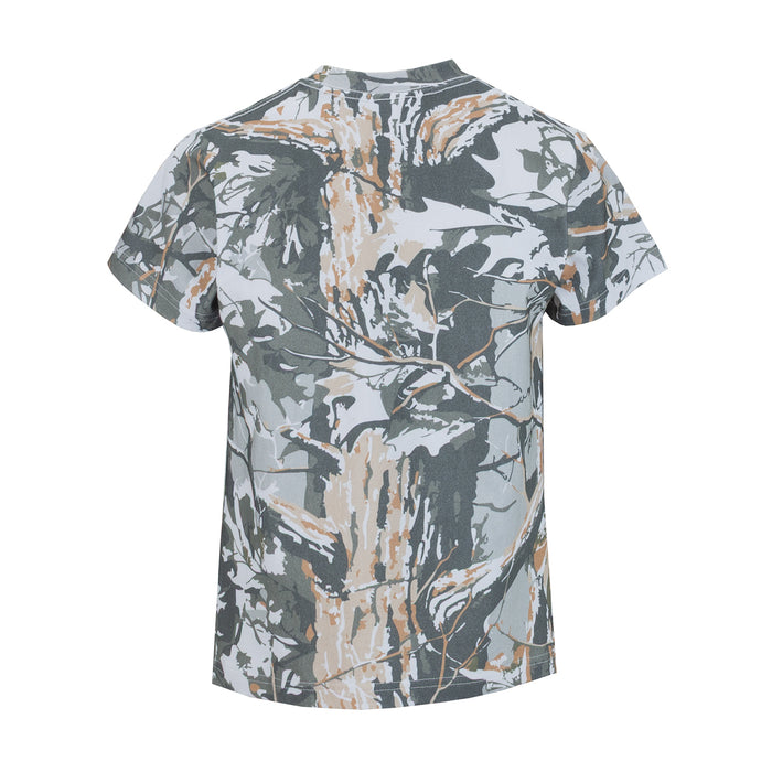 Youth camouflage T-shirt, back view with round crew neck and short sleeves