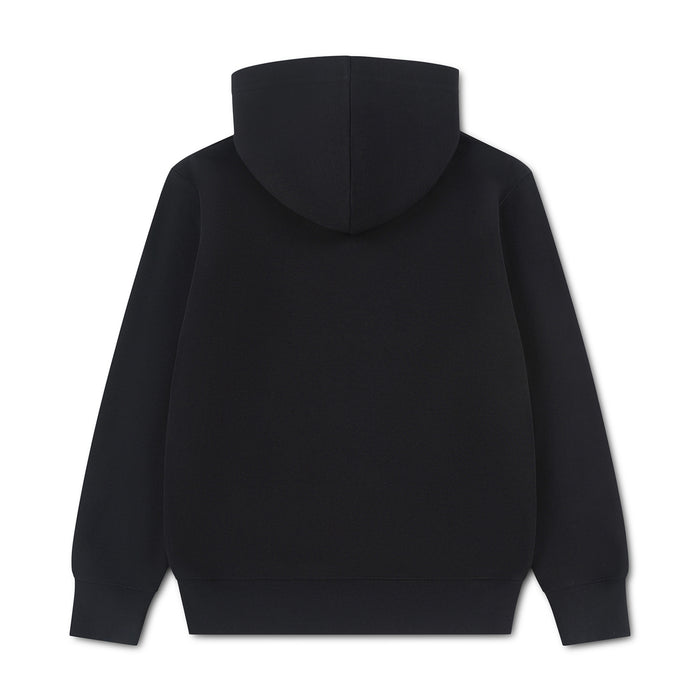 Youth black fleece pullover hoodie with hood, plain back, kangaroo pocket.