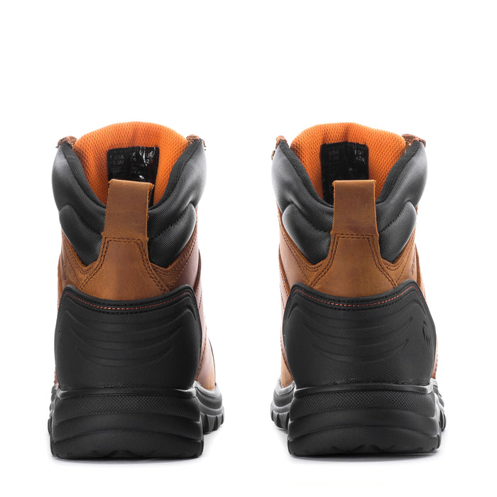 Men's tan and black work boots, rear view with padded collar and thick tread.