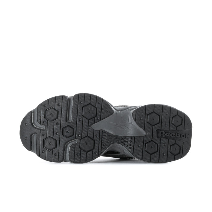 Men's running sneaker outsole with hex tread pattern and Rocker-style sole