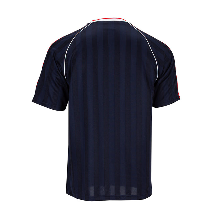 Men's navy soccer jersey back with vertical stripe jacquard texture and red/white collar trim