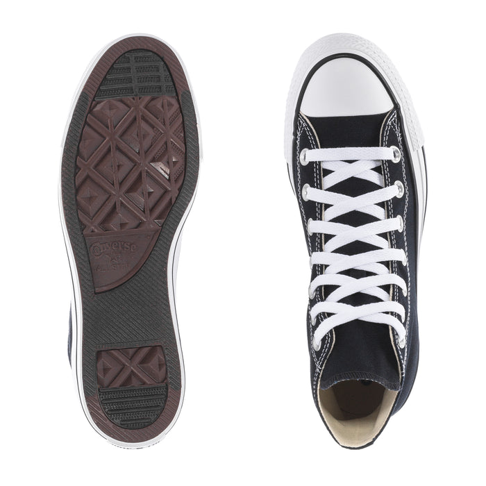 Youth black canvas high-top sneakers with visible tread outsole and open top interior