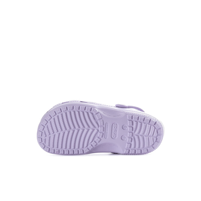 Kids' lavender clog outsole with textured tread, bottom view