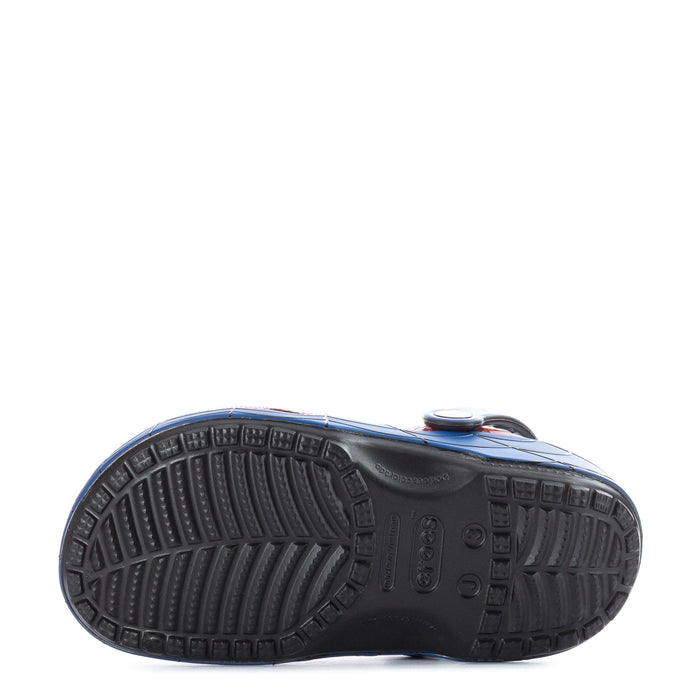 Kids classic clog outsole view with blue rim and dark tread pattern