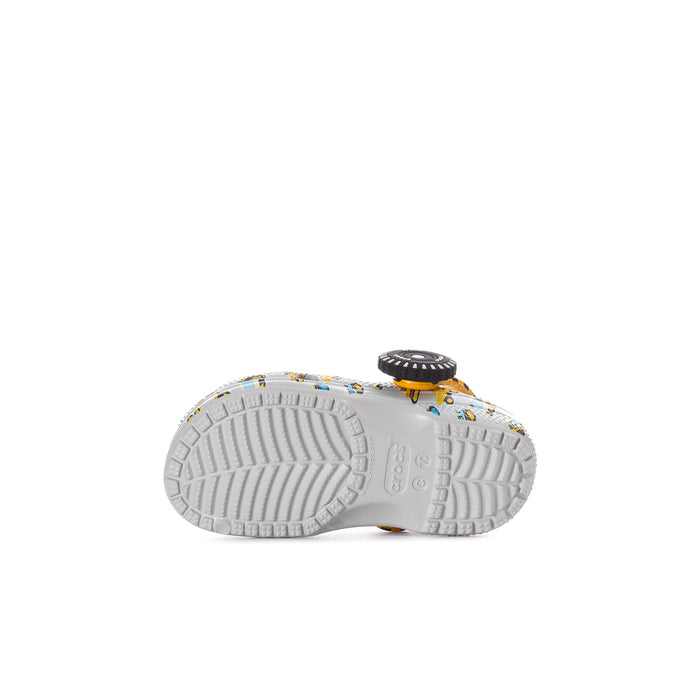 Toddler clog outsole with grippy tread and white patterned shell bottom