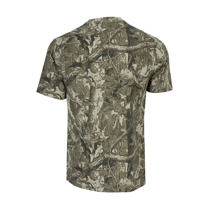 Men's tree camo crew-neck T-shirt, back view with full camo print