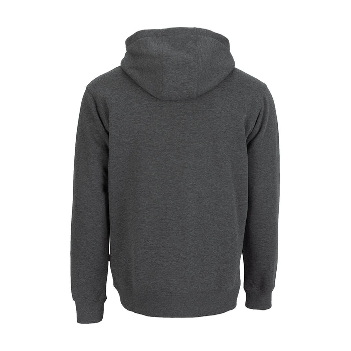 Men's pullover fleece hoodie, charcoal heather gray, back view with hood