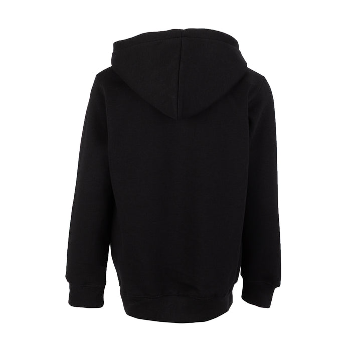 Youth black fleece pullover hoodie, back view with full hood