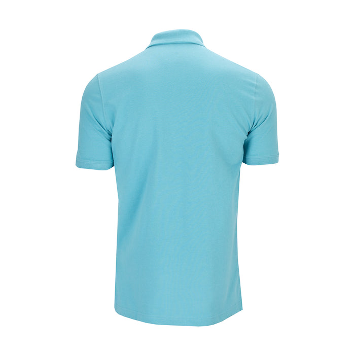 Men's milky blue pique polo shirt, back view with short sleeves