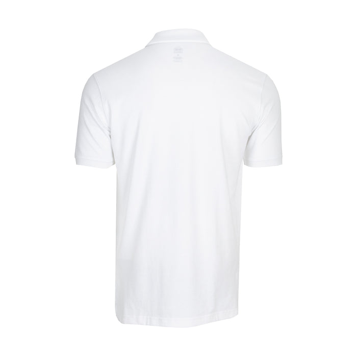 Men's white pique polo shirt, back view with short sleeves and ribbed collar
