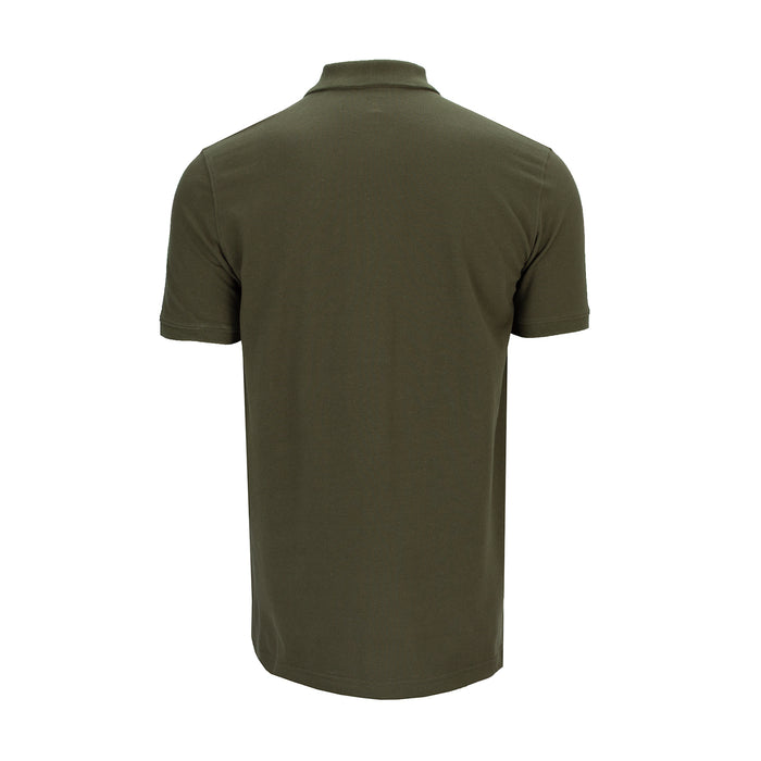 Men's olive pique polo shirt, short sleeves, back view