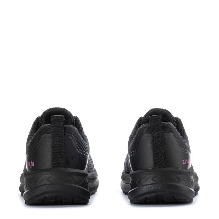 Women’s black steel-toe sneakers, back view, padded collar and heel pull tab