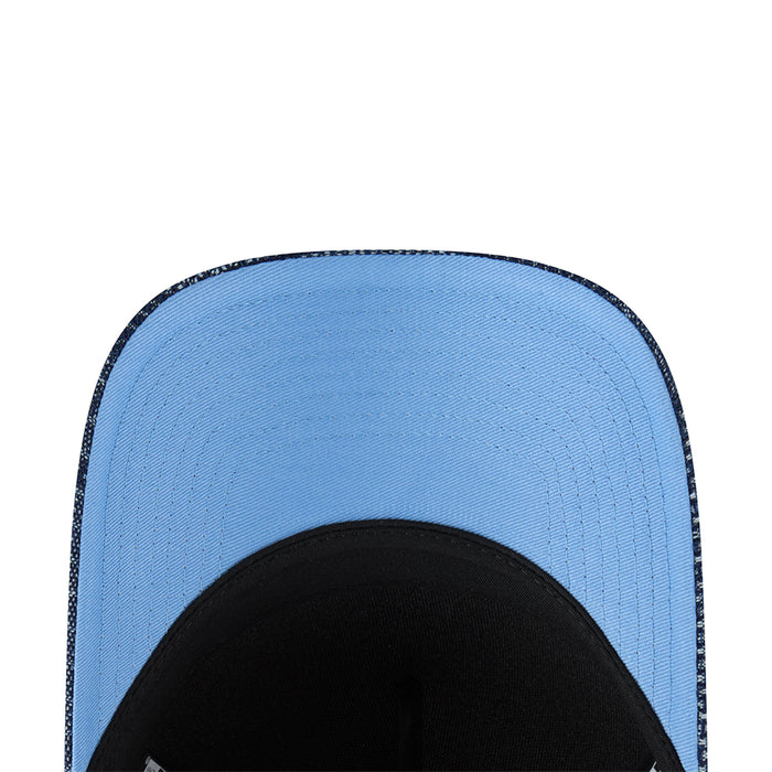 Light blue denim A-frame cap with dark inner brim and stitched crown panel