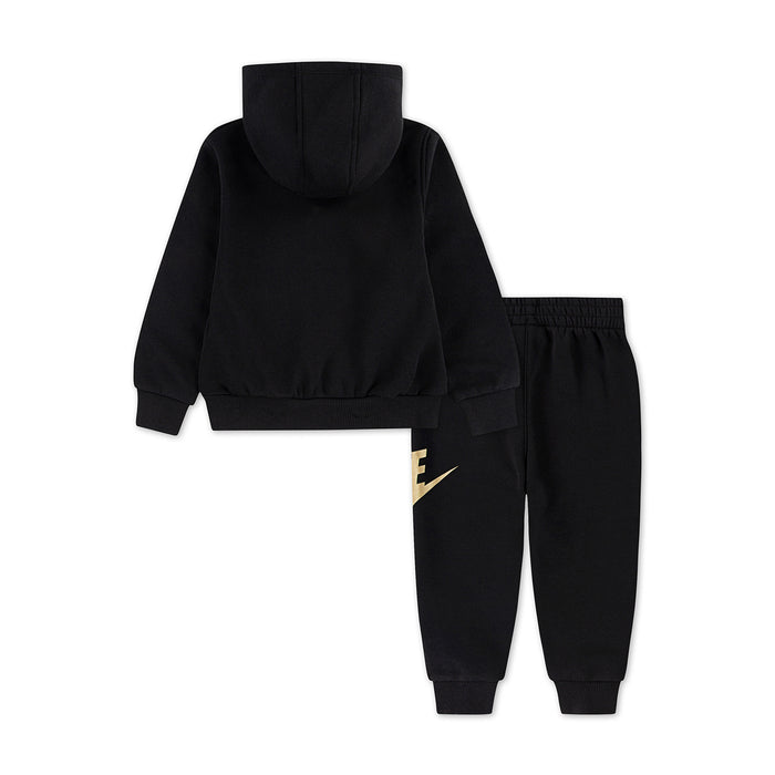 Toddler black fleece hoodie and jogger set with gold Nike swoosh on pant leg