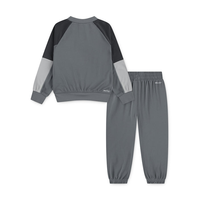 Toddler smoke grey raglan crew sweatshirt and matching joggers with Nike swoosh