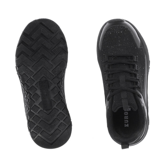 Women’s black composite-toe work sneaker outsole tread view and top view