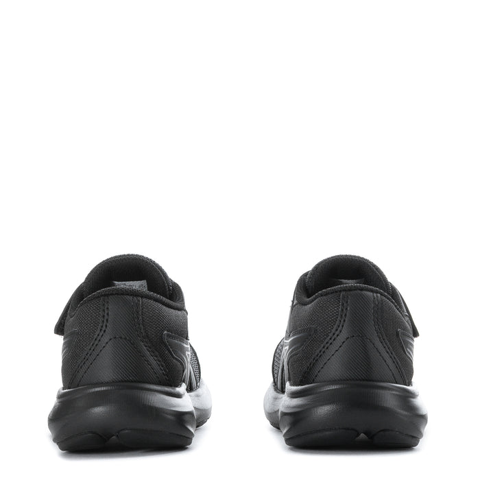 Kids black sneakers, rear view with heel pull tab and cushioned padded collar