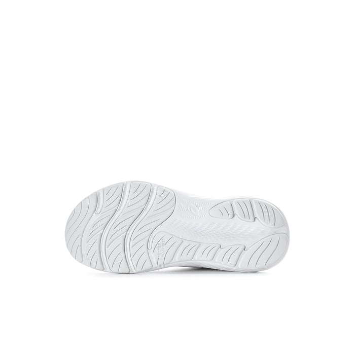 Kids' running shoe outsole in white with textured tread