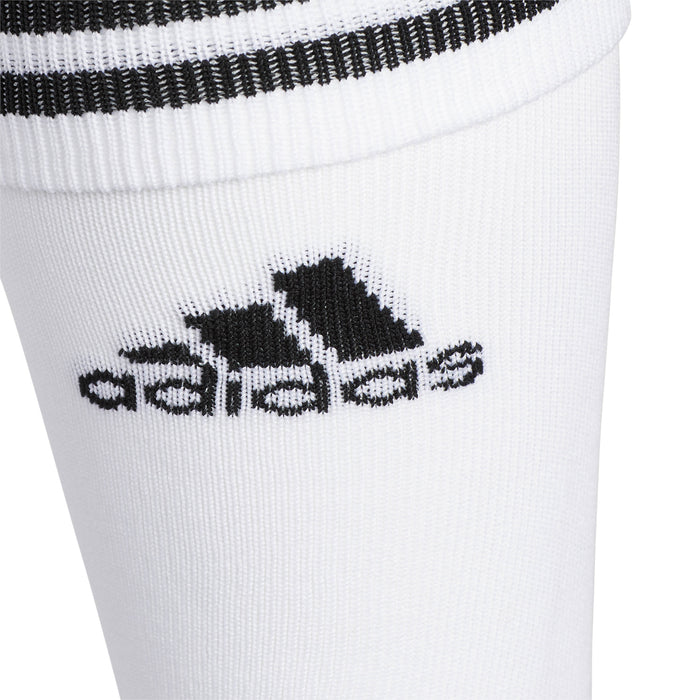 White OTC crew sock with black adidas logo and striped cuff band
