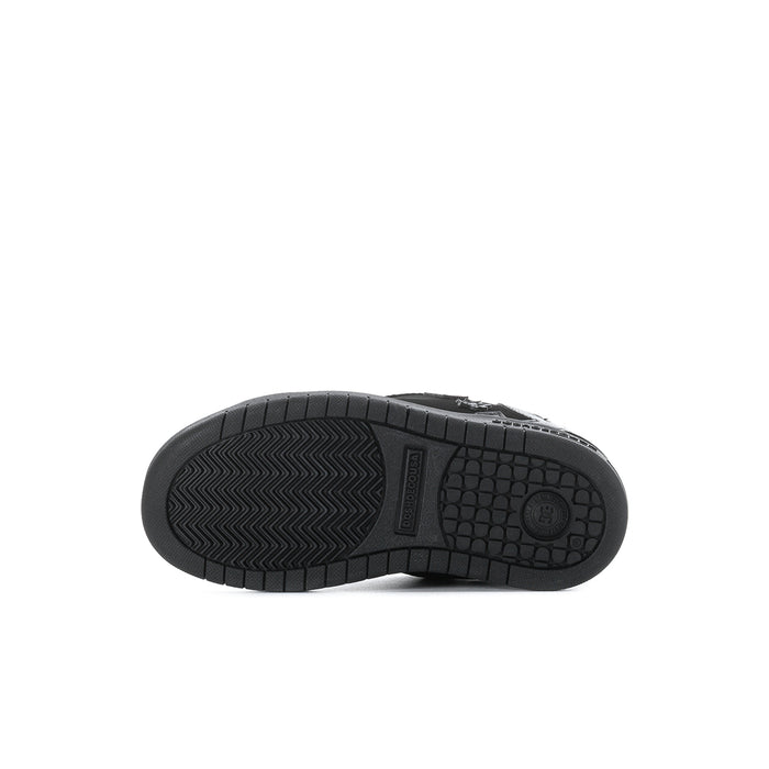 Kids black sneakers, rubber outsole tread with traction pattern