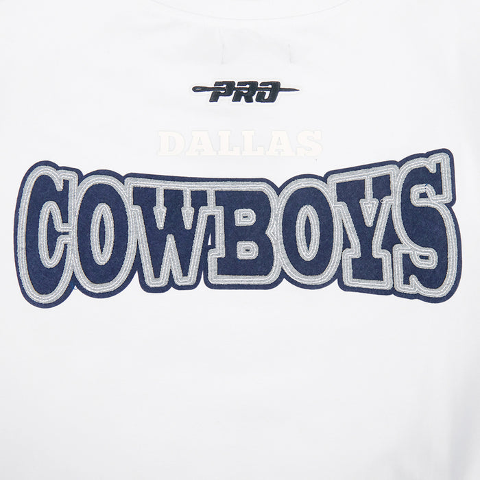 Close-up: White T-shirt with large Cowboys wordmark and PRO logo above