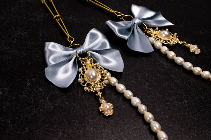 Deluxe Pearl French Blue Bow Tweezer Nipple Clamps in Gold