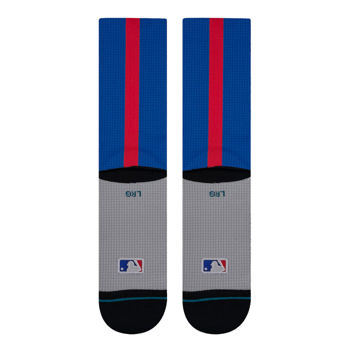 Crew socks with royal blue leg, red vertical stripe, gray heel and black toe