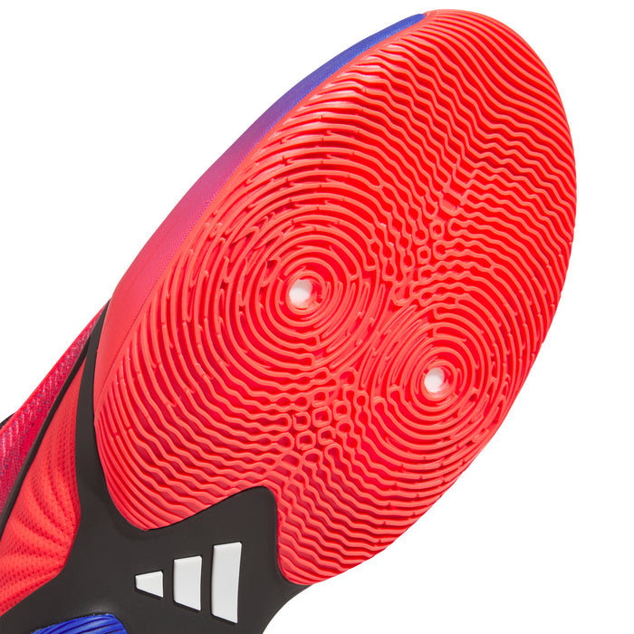 Men's basketball shoes outsole close-up, red traction tread with black heel logo