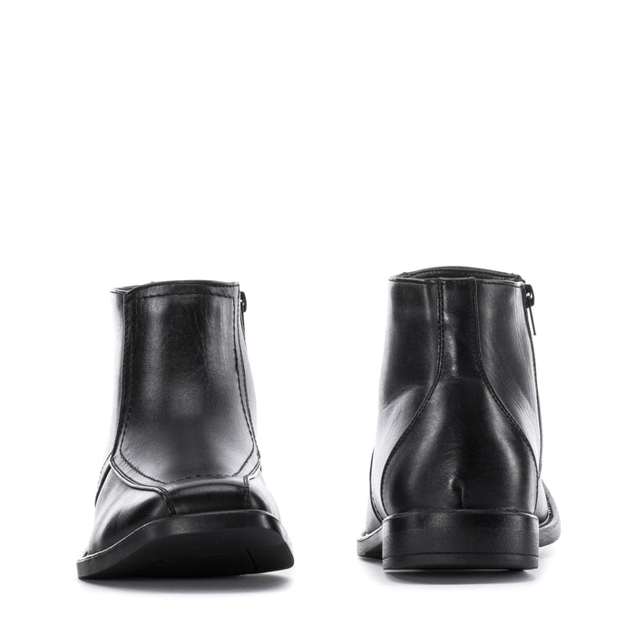 Black leather side-zip ankle boot, heel and back view