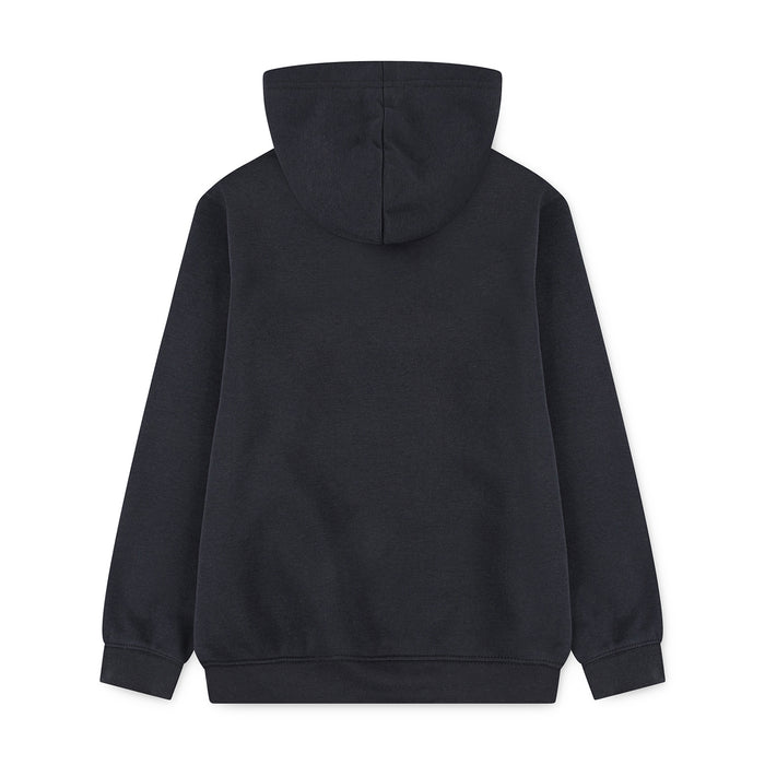 Youth black pullover hoodie back view with plain hood and long sleeves