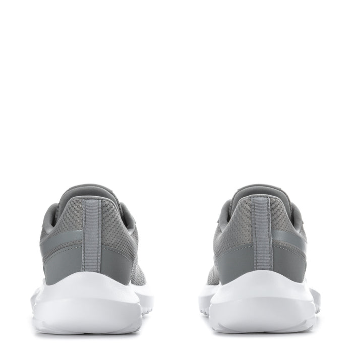 Gray youth sneakers heel view with lace-up closure, padded collar, and white sole