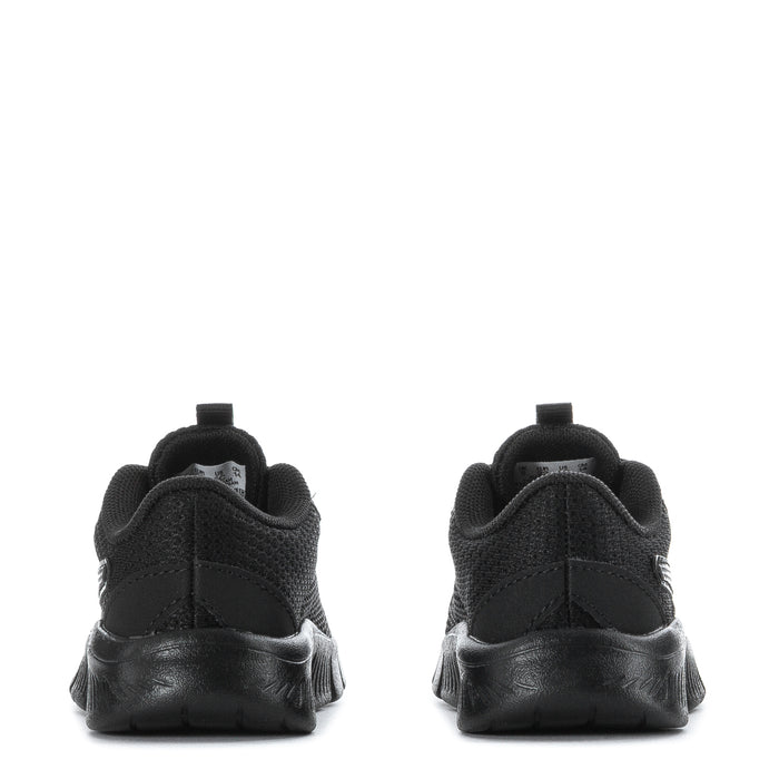 Kids black sneakers with padded collar, heel tabs, and sculpted sole