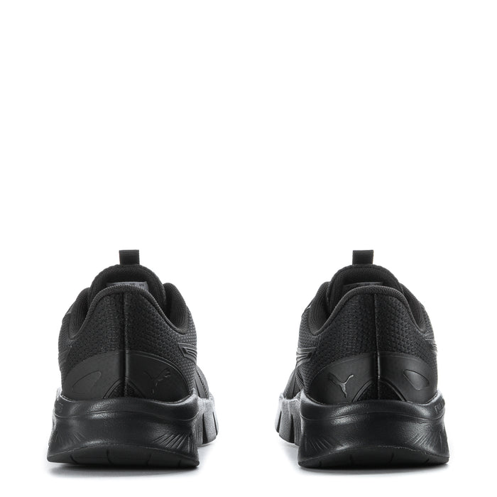 Black athletic sneakers with padded collar, laces, and cushioned heel