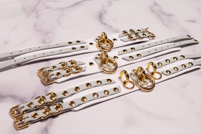 "FORTRESS" - 6" - 8" White, Slate & Gold Leather Cuffs _ LIMITED _