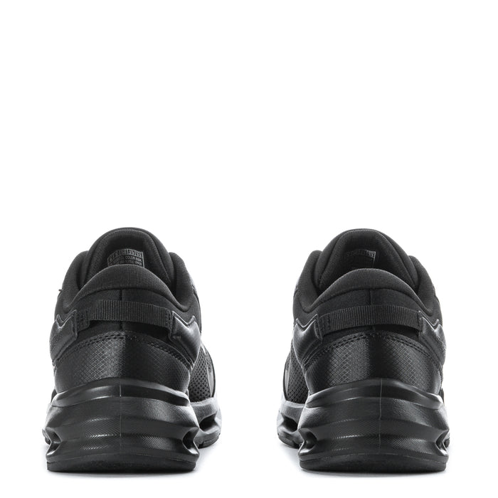 Black youth lace-up shoes from heel view with padded collar and cushioned sole