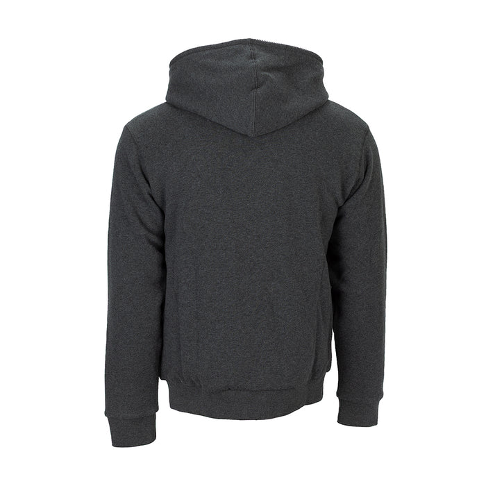 Mens charcoal grey zip-front hoodie, back view, with hood and ribbed hem