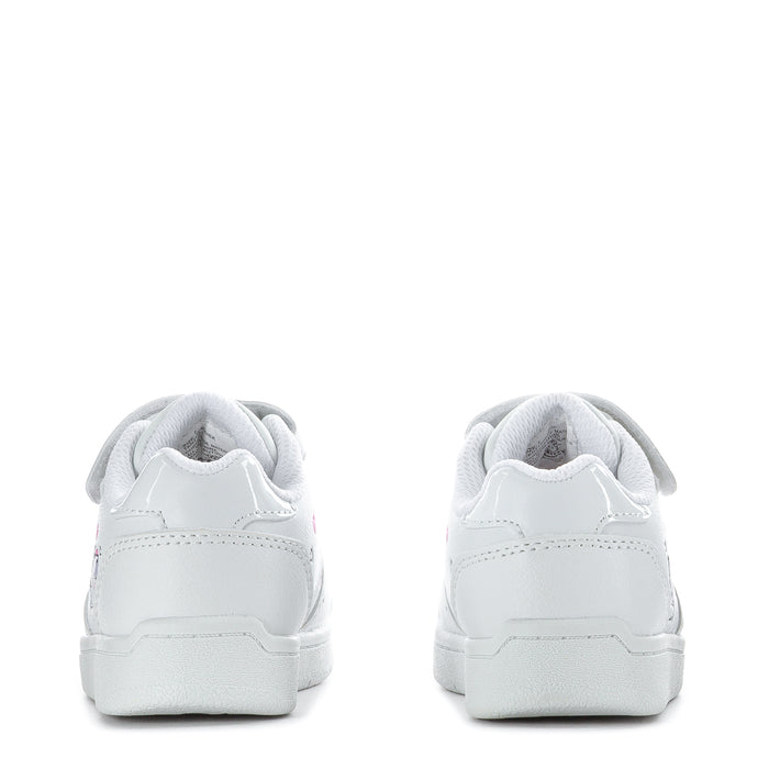 White toddler court sneakers with padded heel, rear view