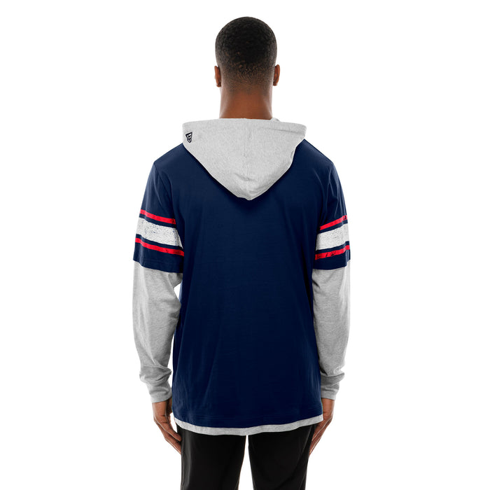 Navy hooded long-sleeve sweatshirt from back with gray hood lining and striped sleeve bands