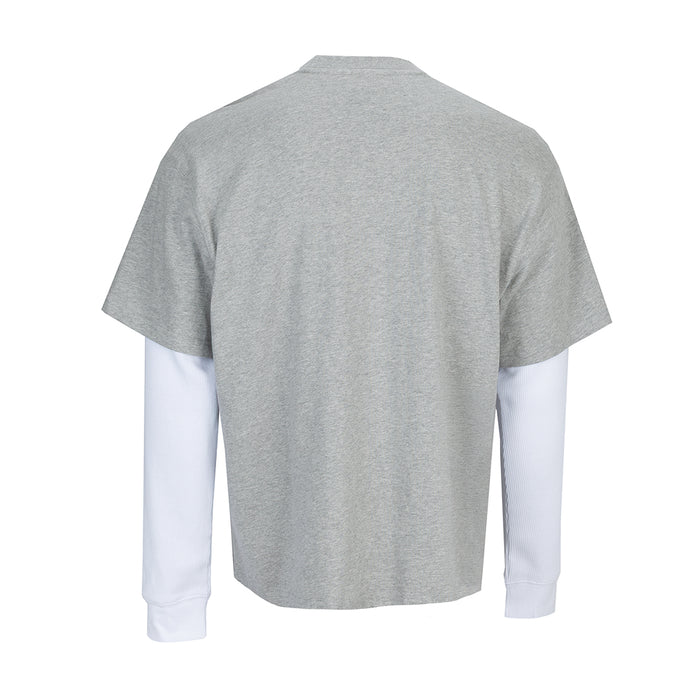 Men's heather gray crewneck T-shirt with white long sleeves, back view