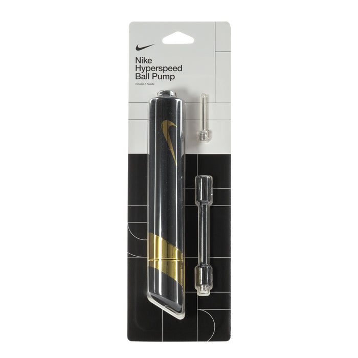 Hyperspeed ball pump with black body and metallic gold swoosh, clear inflation needle.
