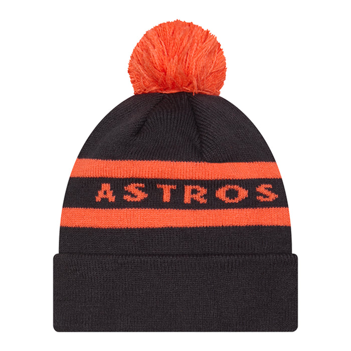 Two-tone knit beanie in dark navy with orange stripes, orange pom, ASTROS text