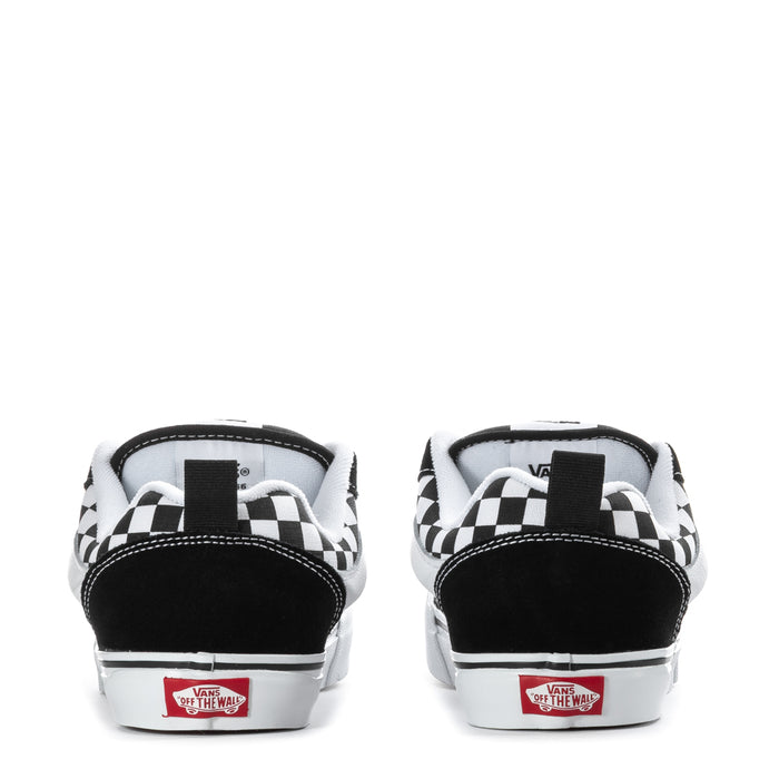 Youth sneakers heel view with checkerboard back panels, white midsoles, black lining