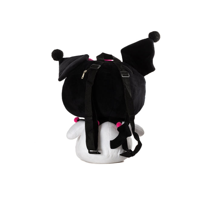 Plush backpack with black plush back panel, straps and small zipper pocket
