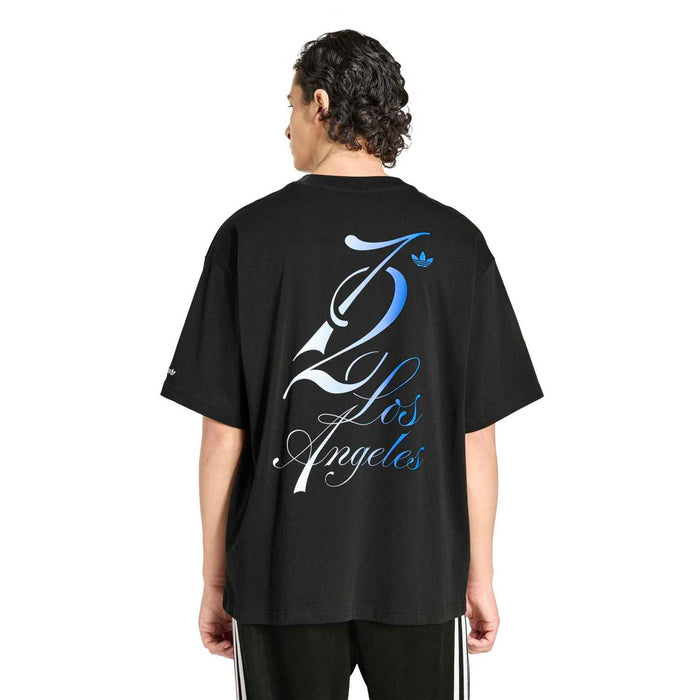 Men's black back T-shirt with large Los Angeles script and globe with wings