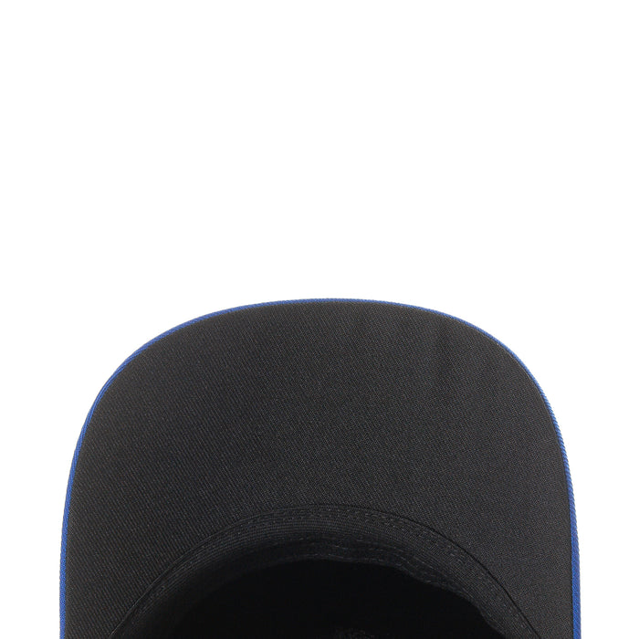 Black trucker cap top view with vented crown and small blue eyelets