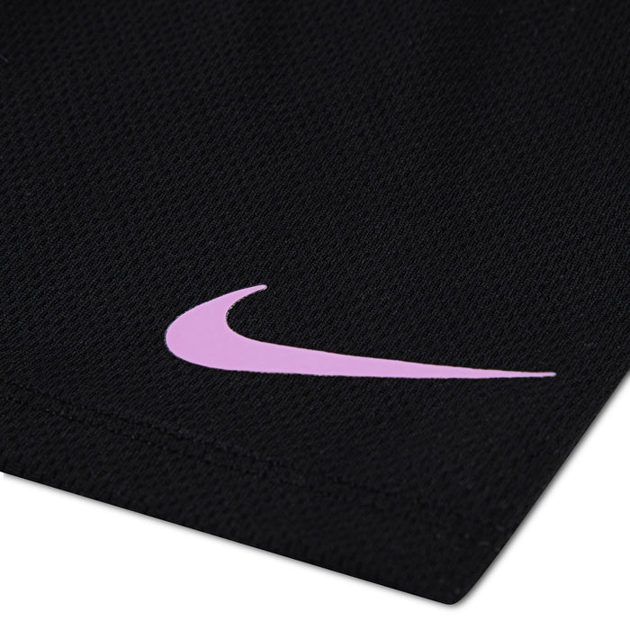 Toddler black mesh shorts with purple Nike swoosh logo detail