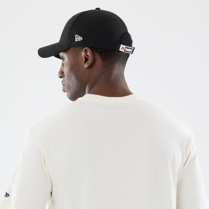 Off-white washed men’s T-shirt back view, small New Era flag at left hem