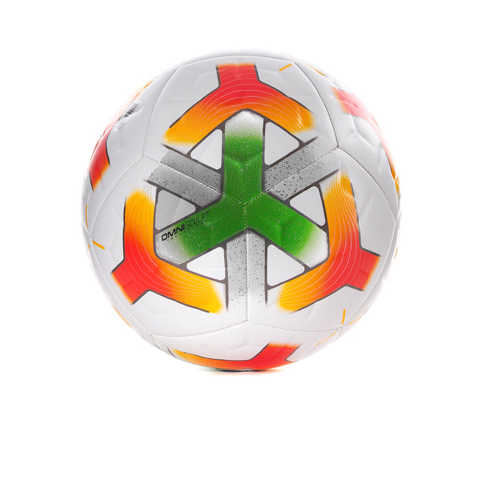 White soccer ball with green star center and orange swirl panels